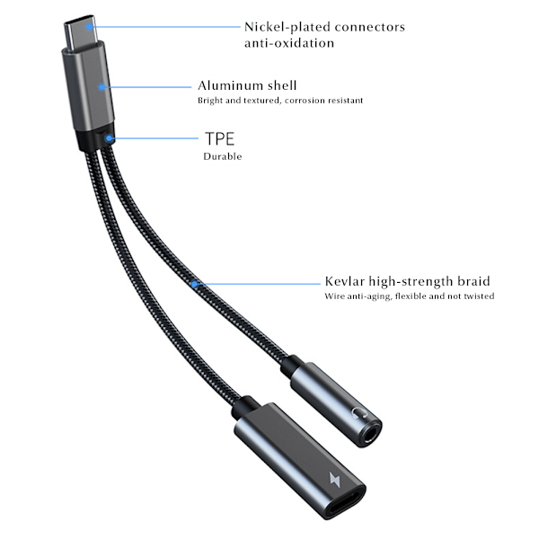 Type C til 3,5 mm hodetelefon- og ladeadapter 2 i 1 USB C til 3,5 mm lydadapter
