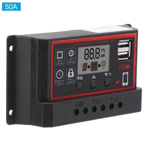 LCD Solar Charge Controller 5V /2,5A Dobbel USB PWM cellepanelregulator Automatisk identifikasjon 12V 24V50A