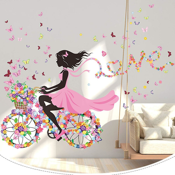 Smukke blomsterpige cykel vægklistermærker - Romantisk pige soveværelse indretning, DIY blomst sommerfugl tapet vægmaleri
