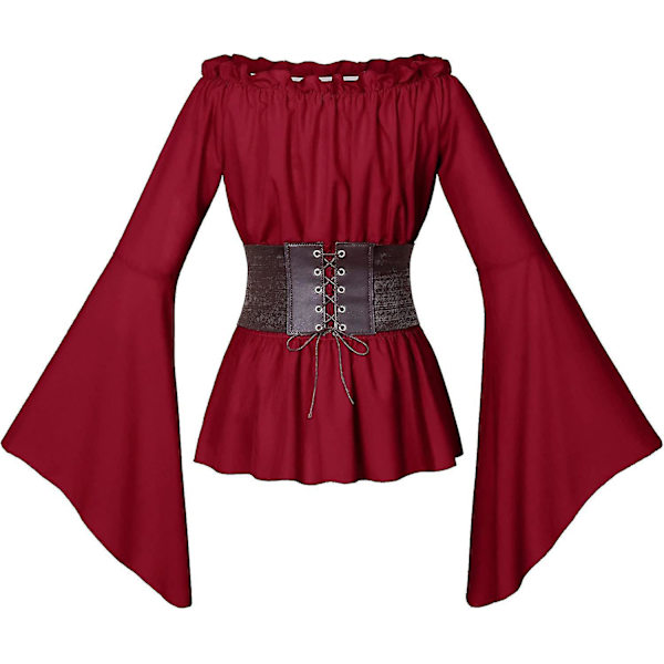 Ruffled Smocked Waist Victorian Pirate Blouse Set för kvinnor XX-Large Röd