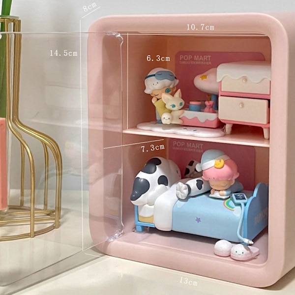 Dockhusrum Dockskåp Skåp Display Box Case 2 Layer Transparent Dörr Rosa