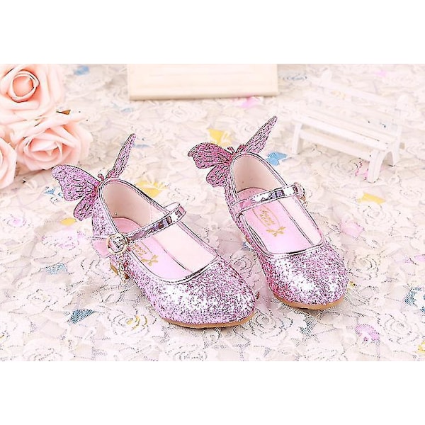 Glitter Prinsesse Piger Høj Hæl Læder Sko, Pink Butterfly Design