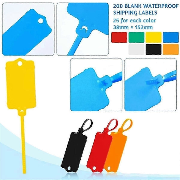 200 st Plastfraktetiketter, 3,7x6,3 cm, Hängande Etiketter med Förseglingsrem, Fraktkabelbandsetiketter