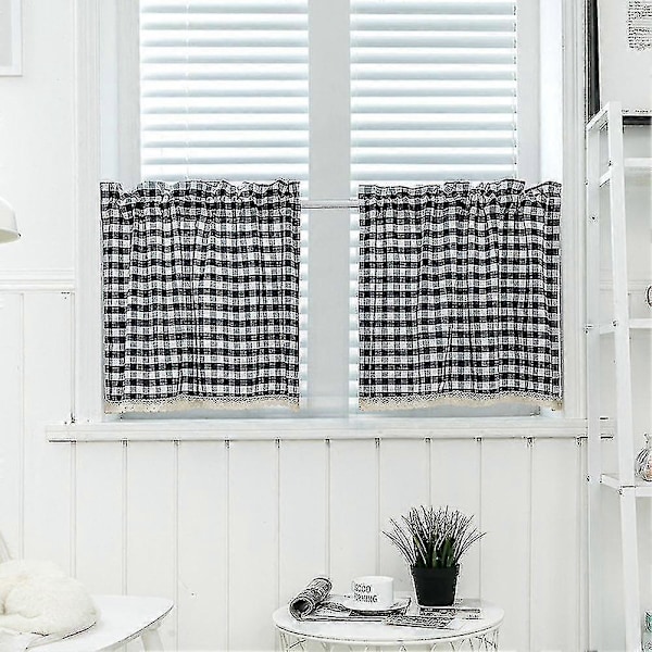 Kjøkkenvindu Rutete Kort Gardin Blondekappe Gjennom Stang Drapering Hjem Dekor Zekai 130x41cm Vinrød