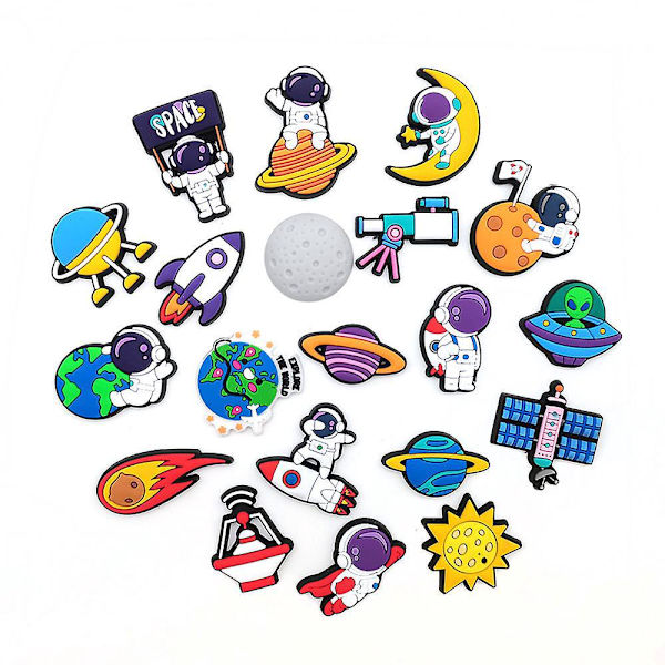 Sarjakuva Astronaut- set – 20 osaa tee-se-itse-koristeluun, juhliin ja rei'itetyihin kenkiin