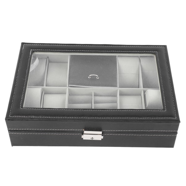 Watch Smyckeskrin 8 Fack Watch Case 2 fack Ring Låsbar PU- watch Förvaringslåda med glaslock