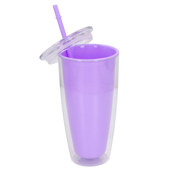 Dubbelväggig mugg med lock och sugrör 750 ml Dubbelväggig mugg Stor kapacitet Vattenflaska Bred öppning Splittersäker Lila