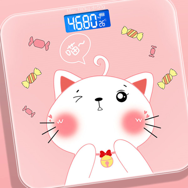 Digital vægt i hærdet glas - Smart, præcis måling - Digital vægt til hjemmebrug - LCD Candy Cat 26x26cm / 10.2x10.2in - Batterimodel