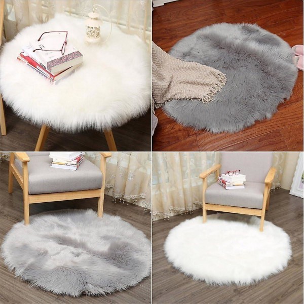 Hvidt rundt imiteret pels Fluffy tæppe - skridsikker blød fleecemåtte til stue, soveværelse, sofa - 45x45cm