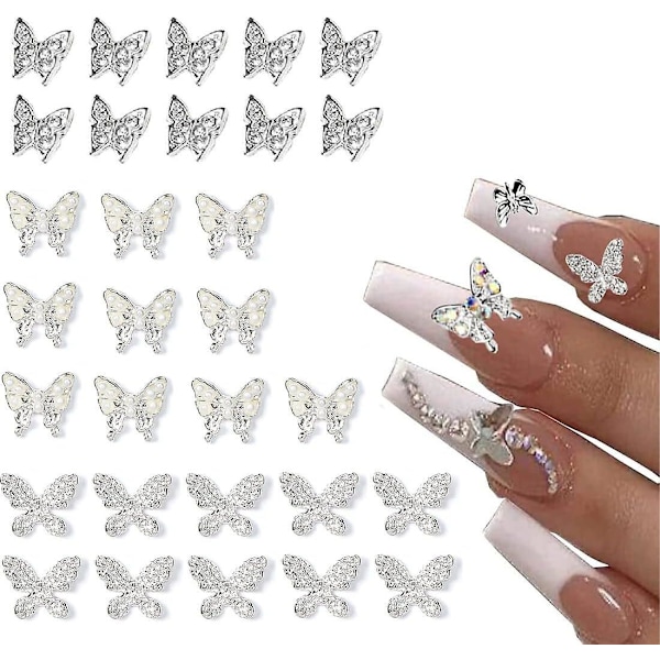 Butterfly Nail Charms Set - 30pcs, Rhinestone Bow Tie Design, DIY Nail Art Accessories, Manicure Nail Jewelry