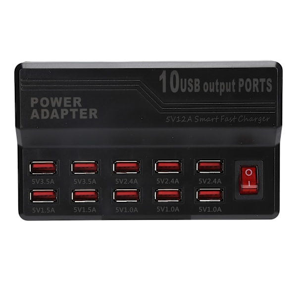 USB Smart Charger 10-portar 12A Snabbladdningsstation Power Hub Strip Plug Dock Block 100-240V