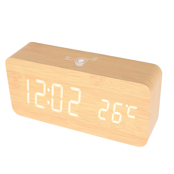 Trä digital klocka LED-display pekskärm ljudkontroll BT-anslutning digital skrivbordsklocka för sovrum kontor café