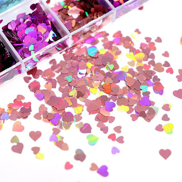 12 Färgade Holografiska Nagelkonst Glitterset med Fjäril Hjärta Stjärna och Lönnlöv Sekvenser för Kreativ Nageldesign