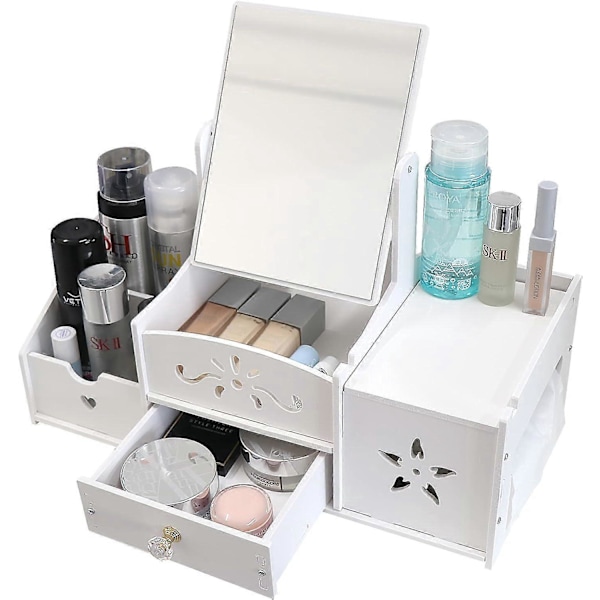 Makeup Opbevaring Multifunktionel Organizer, Hvid Bordplade Badeværelses Organizer, Makeup Opbevaringsboks med Spejl til Soveværelse/Badeværelse A