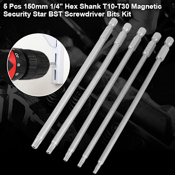 5 kpl 150mm 1/4" kuusiovarsi T10-T30 magneettinen turvatähti BST ruuvimeisselin kärkisarja