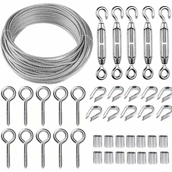 30m/2mm Rustfritt Stål Wiretau Kit med M5 Kraftig Wirestrammer, Gjerde Wire Rull Kit, Kabelrekkverk Kit, Hage Wirestrammere for Klatring