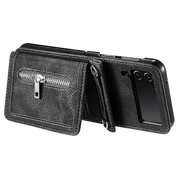 For Samsung Galaxy Z Flip4 5g Deksel Kortholder PU Lær Støtte Telefondeksel Med Håndstropp-B6 Svart