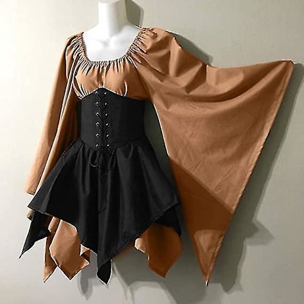 Middelalder Renæssance Pirat Korset Kjole Flare Ærme Traditionel Irsk Kort Kjole XL - Khaki og Sort