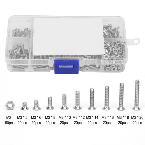 340 stk M3 rustfritt stål kryss flathode skrue Forsenkede skruer sortimentssett