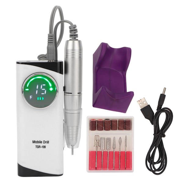 Nail Drill Machine 30000RPM High Speed USB Rechargeable Electric Nail Polishing Machine with 6 Bits White