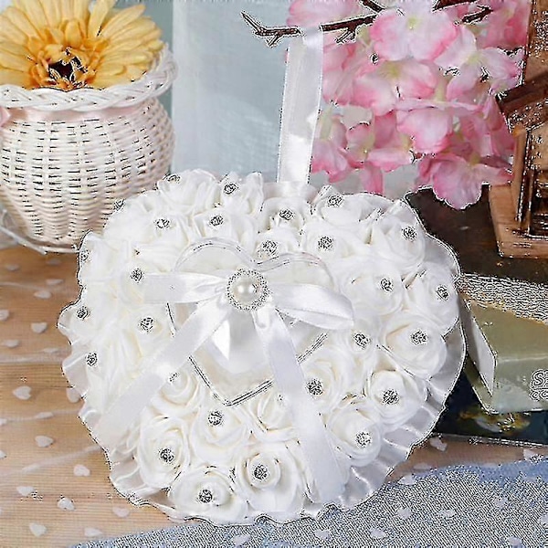 Rose Blomst Rhinestone Hjerteformet Sateng Sløyfeknute Ringbokspute Bryllupsgave-zzy