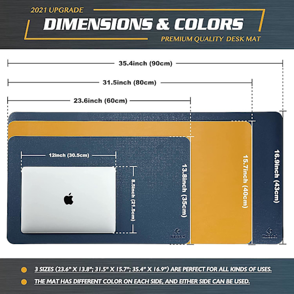 Dobbeltsidet skrivebordsunderlag til kontor og hjem, 43cm x 90cm, mørkeblå