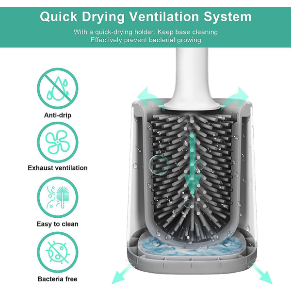 Silikon 3 i 1 toalettbørste med hurtigtørkende holder - Veggmontert baderom rengjøringsverktøy (hvit)