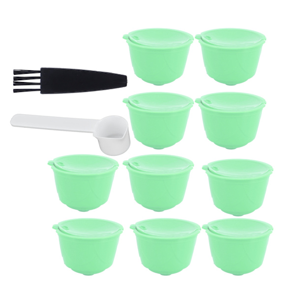 Kaffekapselset i rostfritt stål för DOLCE GUSTO-kaffemaskin (grön, 10 kapslar, 1 sked, 1 borste)