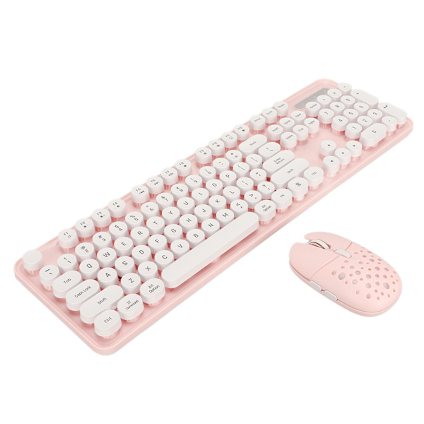 Trådløst tastatur og mus Combo Pure Color Retro 2.4G trådløs tastaturmus med runde tastaturer og numerisk tastatur Rosa bord
