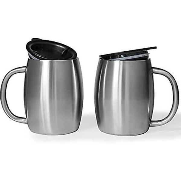 420ML Dubbelväggig Ölsejdel i Rostfritt Stål, Dubbelväggig Isolerad Mugg, Kaffekopp, Kaffemuggar med Lock, 2 Set