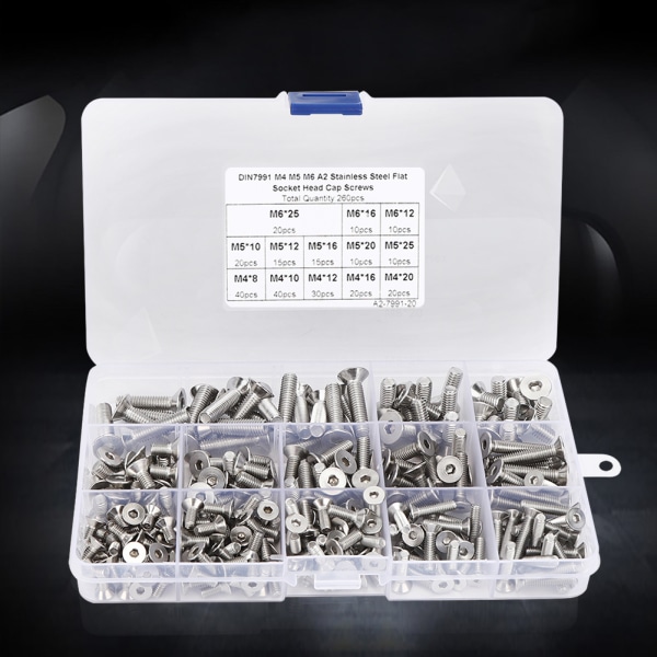 260 stk flatskruesett M4/M5/M6 sekskantsokkel rustfritt stål 304 for elektronikkindustrien