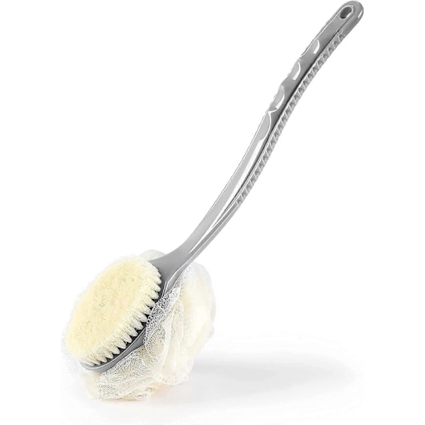 Bade- og dusjbørste med bust og loofah, ryggskrubber badenett svamp med bueformet langt håndtak, brukt til hudeksfoliering og bading, massasje