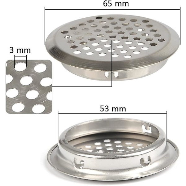 Rustfrit ventilationsgitter i rustfrit stål - 20 stk., rundt net, 53 mm diameter, luftfrisker til skabsskab, køkkenmøbelventil, udstødningsluftgitter