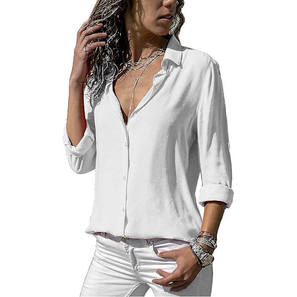 Elegant Hvit Chiffon V-Hals Bluse, XL - Monokrom Langarmet Topp for Kvinner