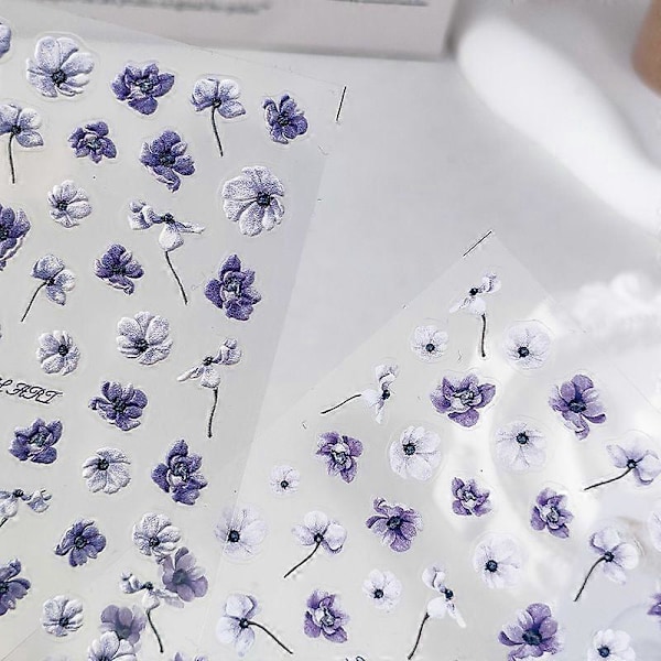5D Lyx Blå och Lila Blomdesign Nagelstickers Mjuka Präglade Självhäftande Dekorativa Nagelkonst TA255LSF