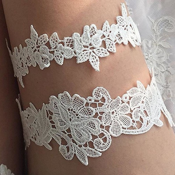 Hvit Blonder Bryllupsstrømpebåndsett med 2 stk. med Blomsterdesign Elastisk Brudetilbehør for Kvinner og Jenter