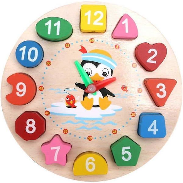 Digitaalinen kello, geometriset palikat, puinen sarjakuva pingviini, juokseva aika, numerolelu lapsille