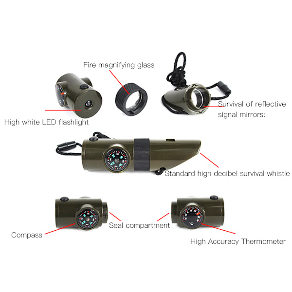 2st Utomhus Multifunktion Survival Whistle Supply med nylon termometer kompass