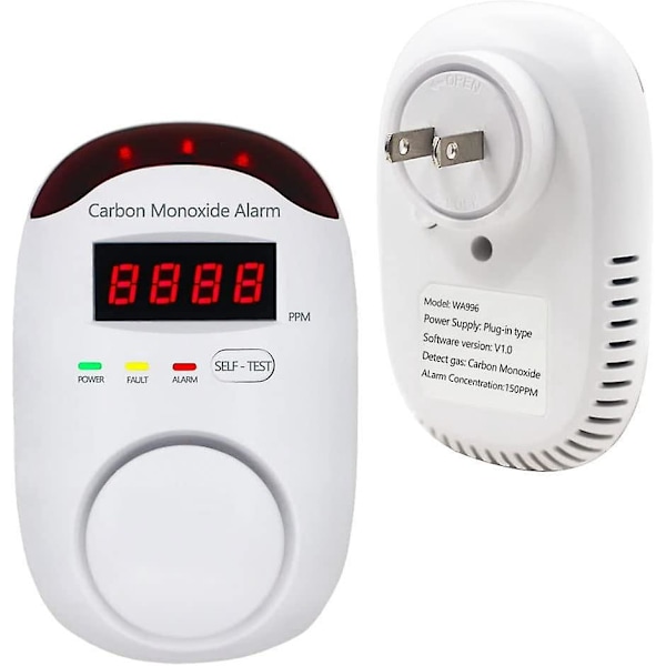Kolmonoxidlarm för vägguttag, CO-detektor med LED-digital display och röstlarm för hem/kök - 1-pack