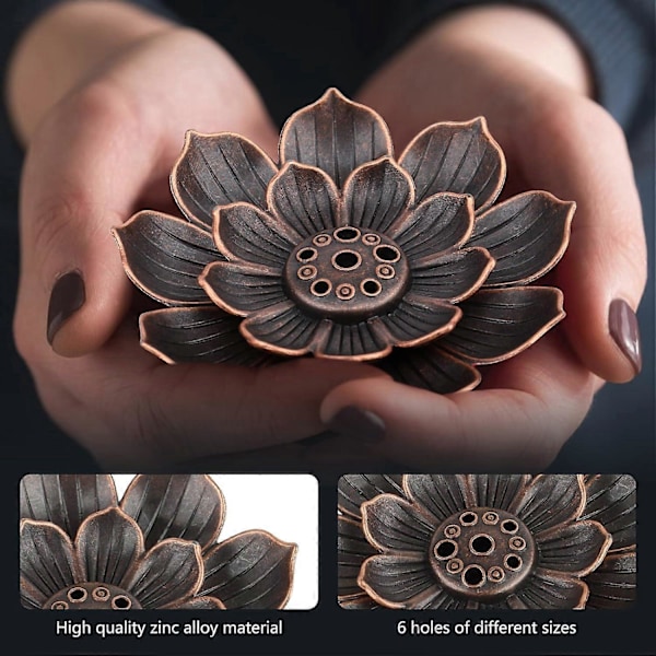 2 Stykker Lotus Røgelsesholder i Messing, Røgelseskar, 6 Huller med Askeopsamler, Pind Røgelsesbrænder