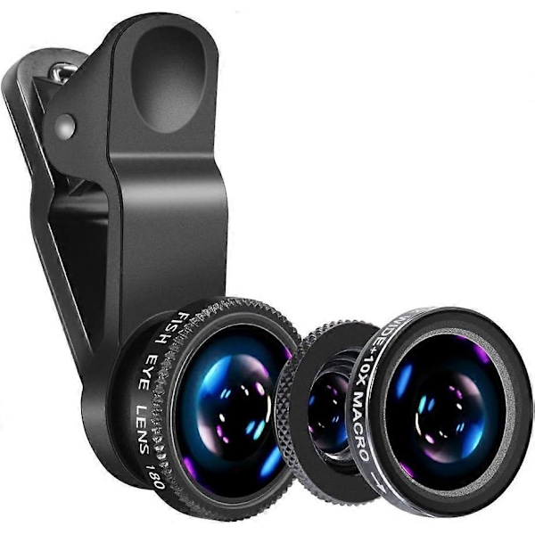 Mobiilipuhelimen kameralinssisarja kalansilmälinssillä + makrolinssillä + laajakulmalinssillä, yhteensopiva iPhone, Samsung, Huawei, iPad, Sony, HTC, LG jne. kanssa (Musta)