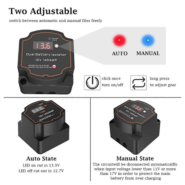Smart Dual Batteri Isolator 12V 140A Digital Spänningskänsligt Relä