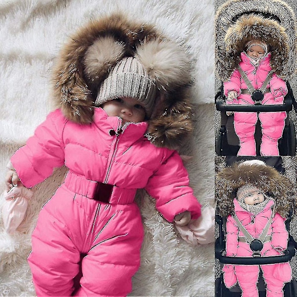 Unisex Baby Hætte Jumpsuit - Pels Krave - 0-24 Måneder 80cm Rose Rød