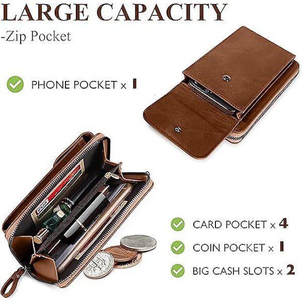 Crossbody plånboksväska för kvinnor, passar smartphones upp till 6,8 tum, justerbar lång rem