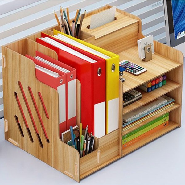 Desktop Organizer Multifunktionell modern enkel stil trä Desktop förvaringshylla för hemmaskolekontor körsbärsträ