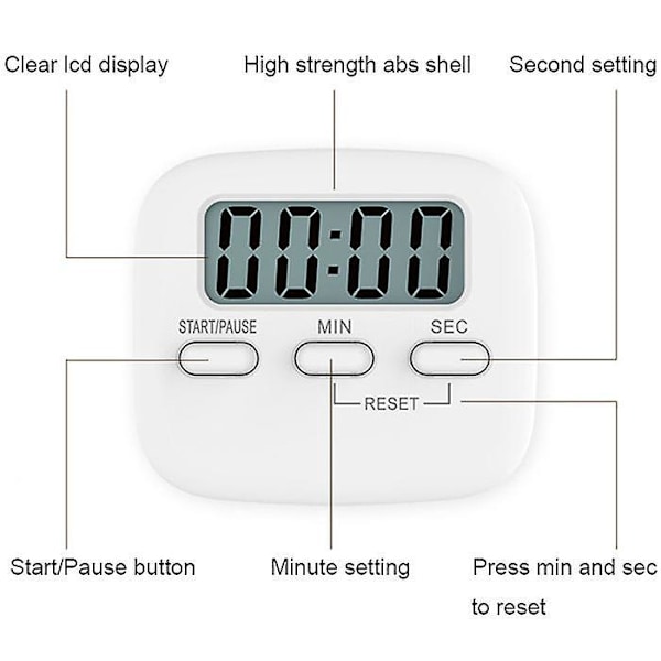 Digital Kökstimer II - Stora Siffror, Hög Alarm, Magnetisk Bakstycke, Stativ - Vit