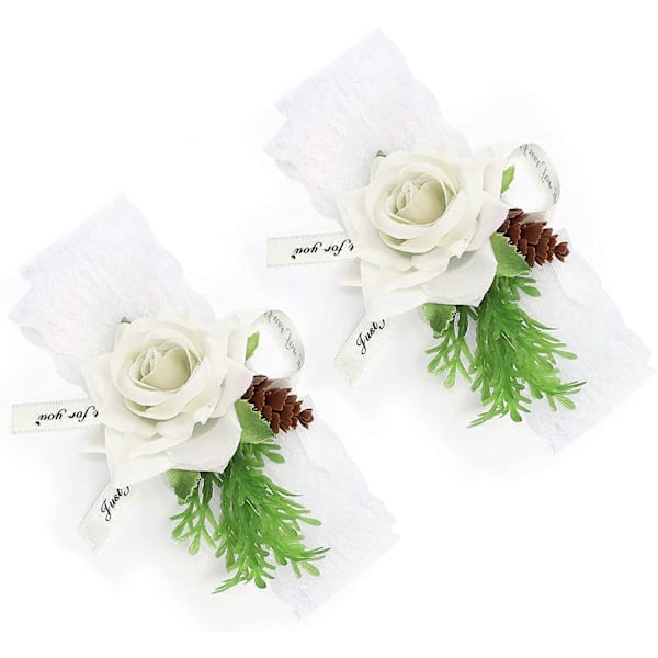Håndleddsblomster til bryllup - 2 stk. Brudepike Silke Håndleddsblomst Brude Corsage Bryllupsseremoni Dekorasjonstilbehør (Hvit)