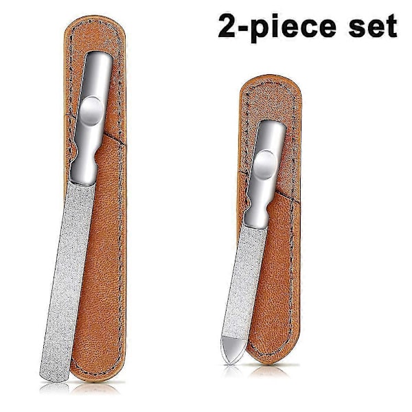 2 st Rostfria Nagelfilar Med Läderfodral, Dubbelsidiga Metallnagelfilar Med Halkfritt Handtag, Metallnagelfil Buffer Manikyr Pedikyrverktyg