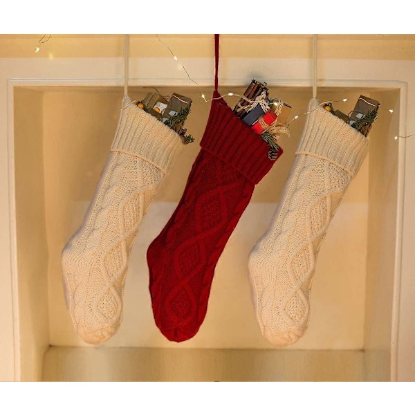 Twiststickad Julstrumpa Set Enfärgad Vit Elfenben Klassisk Dekoration 45,72 cm, 2-delars Set