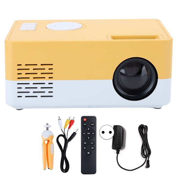 Mini bærbar projektor LED hjemmekino videomediespiller projektor med stativ 100‑240V hvit gul EU-plugg